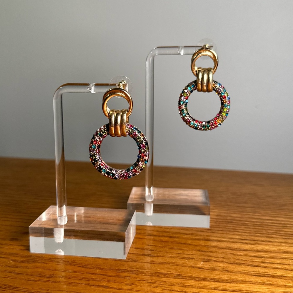 Multicolored rhinestone and gold earrings